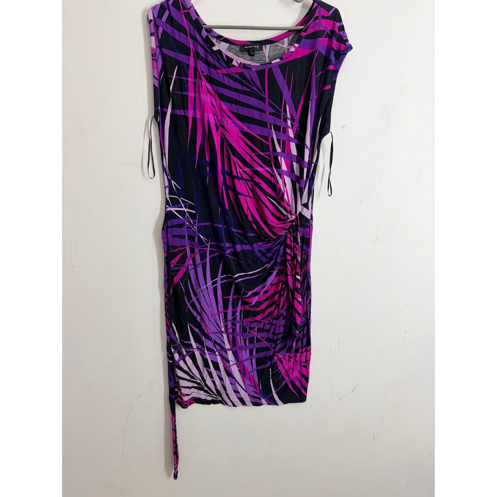 Spense Sleeveless Ruched Tropical Palm Print Dress Purple Pink Large L